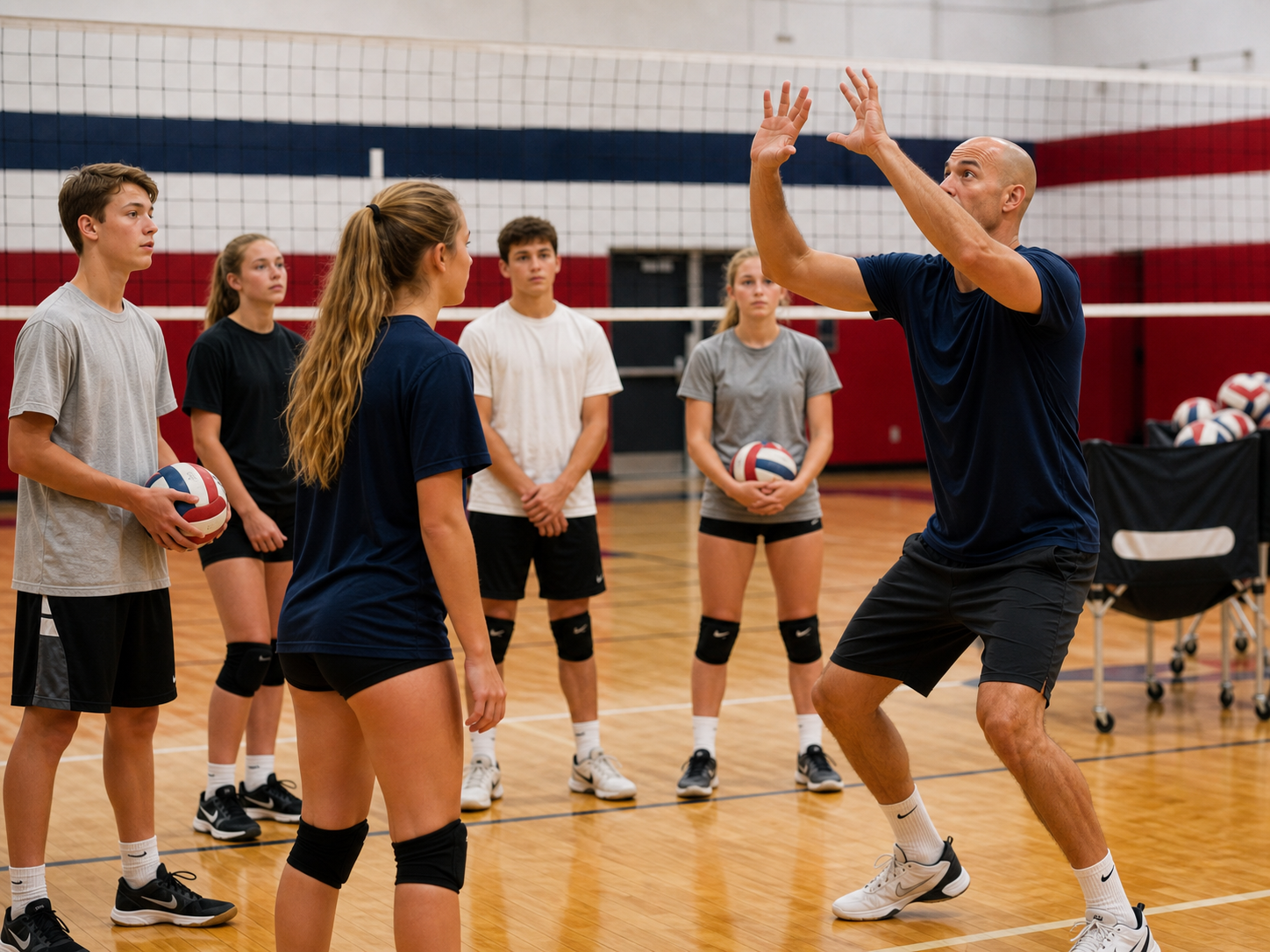 Coach teaching volleyball setting technique
