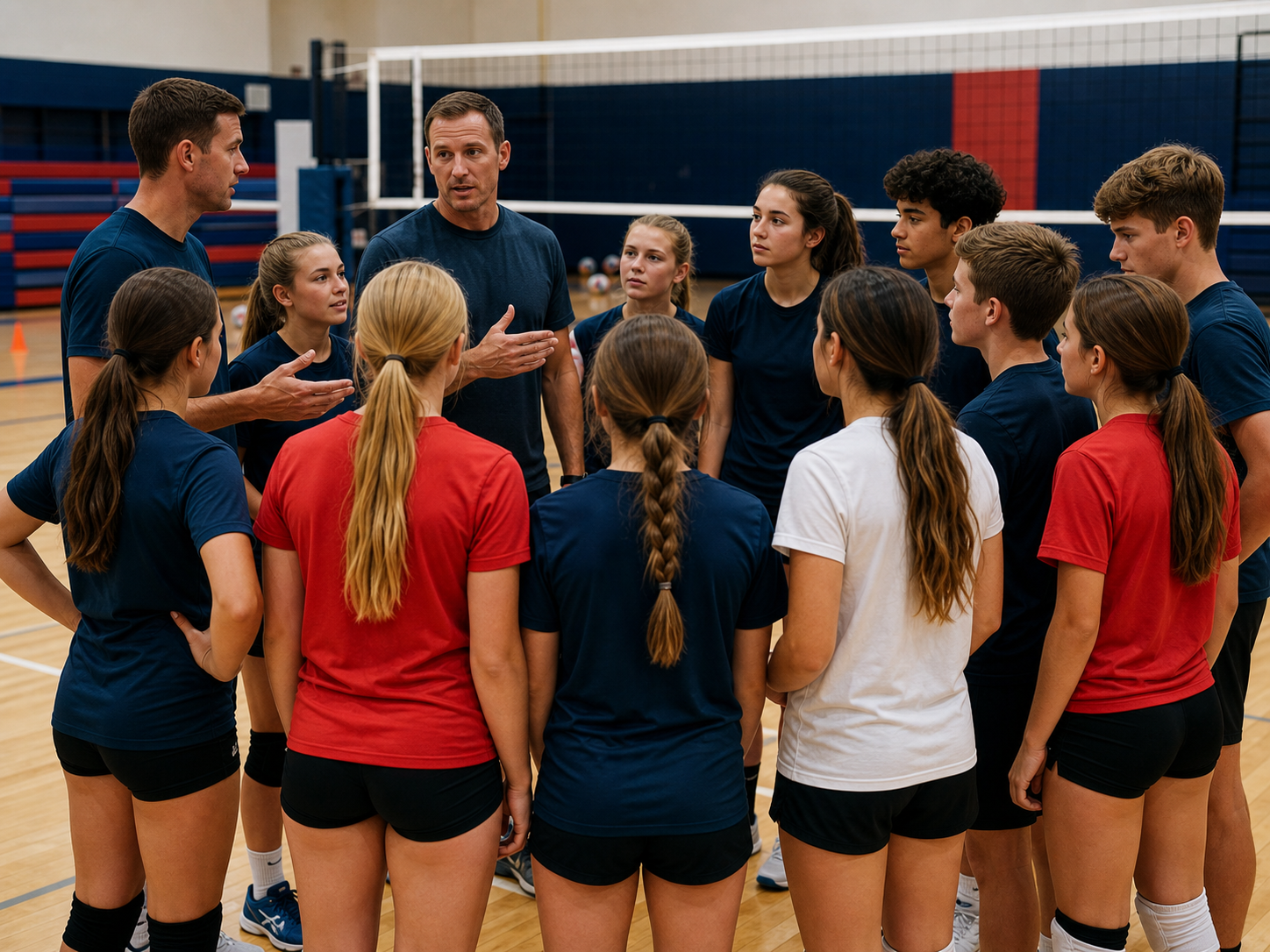 Volleyball athletes gathered in a leadership huddle